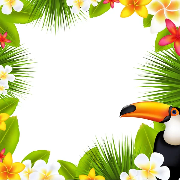 Marco tropical con Frangipani y tucán — Vector de stock