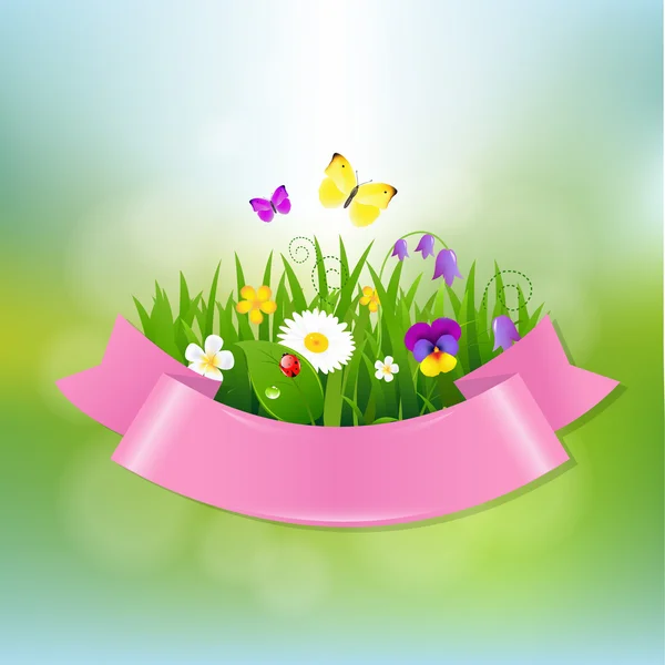 春天的花朵，用粉红色的丝带 — 图库矢量图片