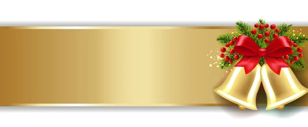 Goldenes Weihnachtsbanner mit Glocken und weißem Hintergrund von Holly Berry — Stockvektor