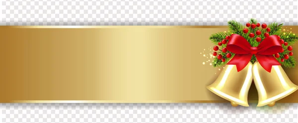 Xmas Golden Banner With Bells and Holly Berry Transparent Background — стоковый вектор