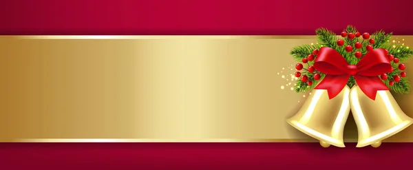 Banner de oro de Navidad con campanas y fondo rojo de baya de acebo — Vector de stock