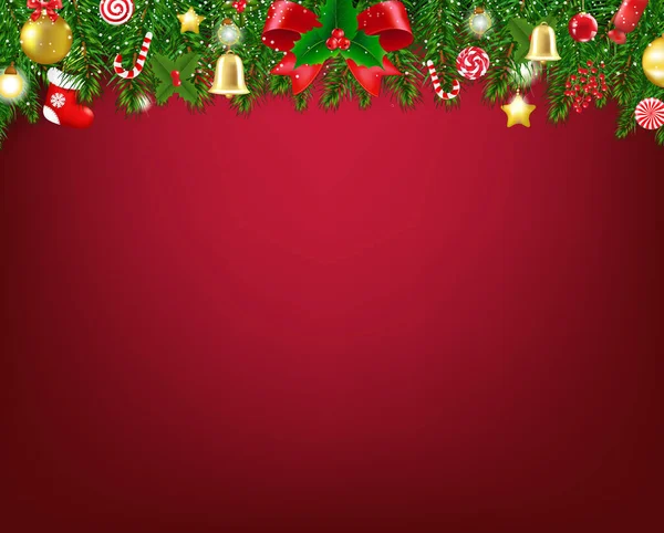 Frontera de Navidad con Holly Berry y fondo rojo — Vector de stock