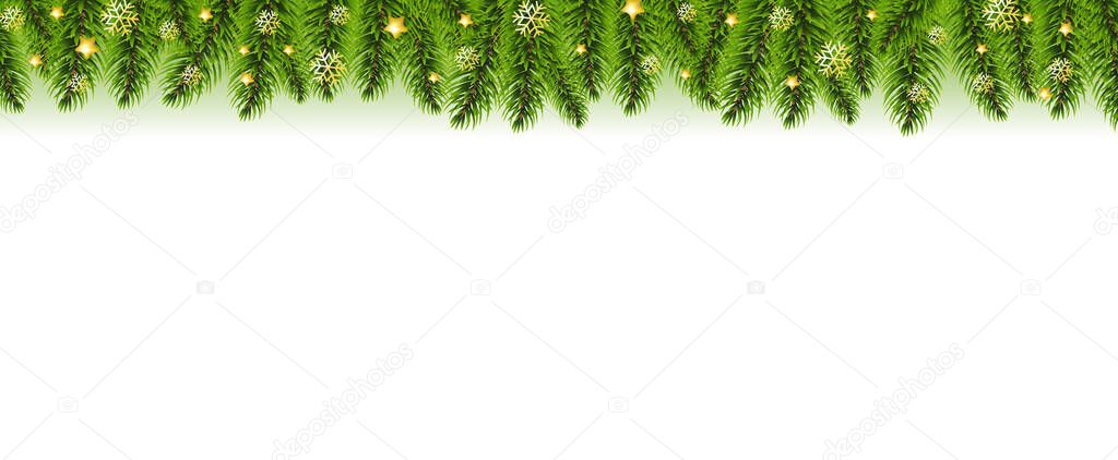 Christmas Garland And Christmas Golden Stars White background