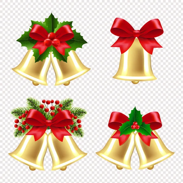 Xmas Bells With Holly Berry And Transparent Background — Stock Vector