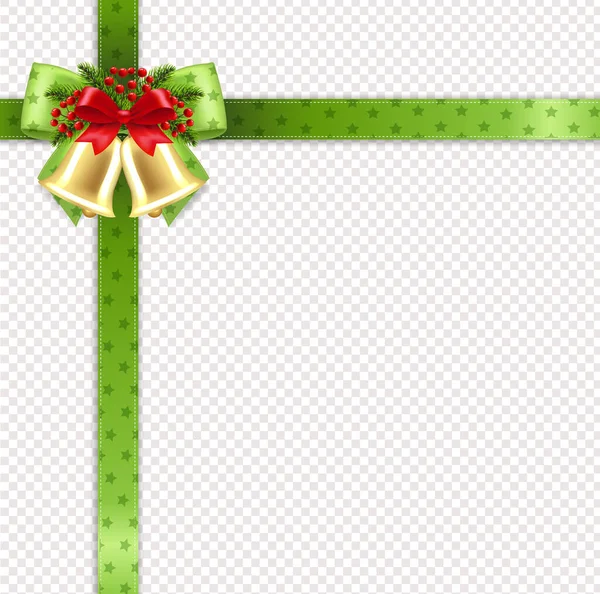 Green Ribbon And Golden Bells And Transparent Background — 图库矢量图片