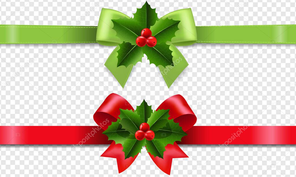 Christmas Ribbon With Holly Berry Set Transparent background