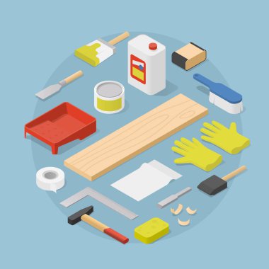 Isometric Ahşap İşlem Araçları Çizimi
