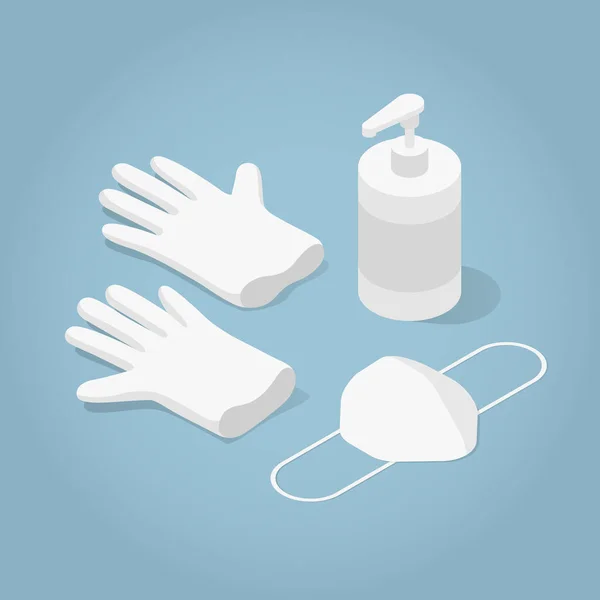 Isometrische Maskenhandschuhe und Sanitizer Illustration — Stockvektor