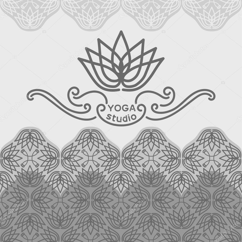Yoga studio logo for a stylized lotus flower on a background of openwork pattern design vector
