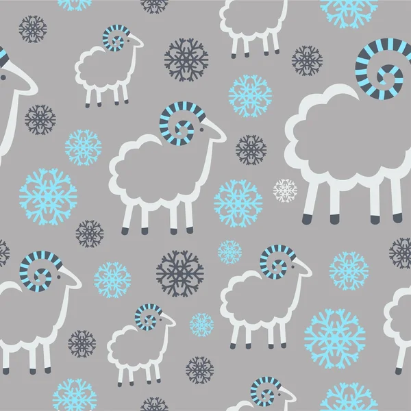 Modello invernale con pecore e fiocchi di neve su sfondo grigio — Vettoriale Stock