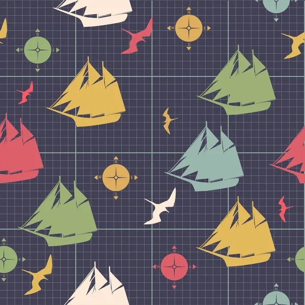 Mönster fartyg kompasser havet fågel dekorativ design på grafen pape — Stock vektor