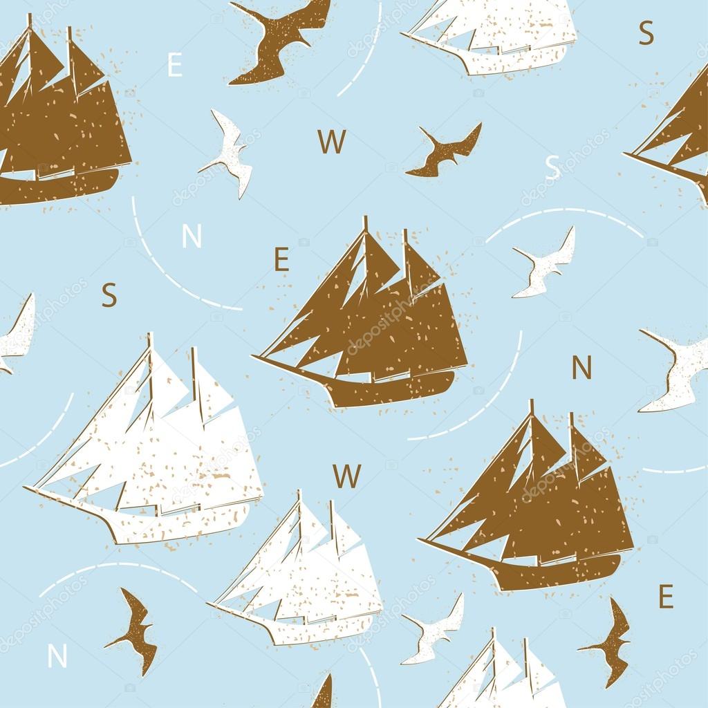 Seamless pattern ships birds silhouettes background blue design