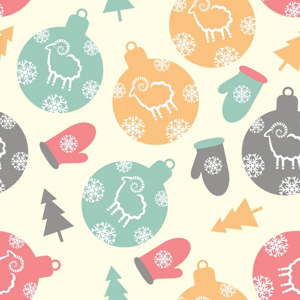 Weihnachtskugeln Muster Fäustlinge und Weihnachtsbaum mit Schneeflocke — Stockvektor