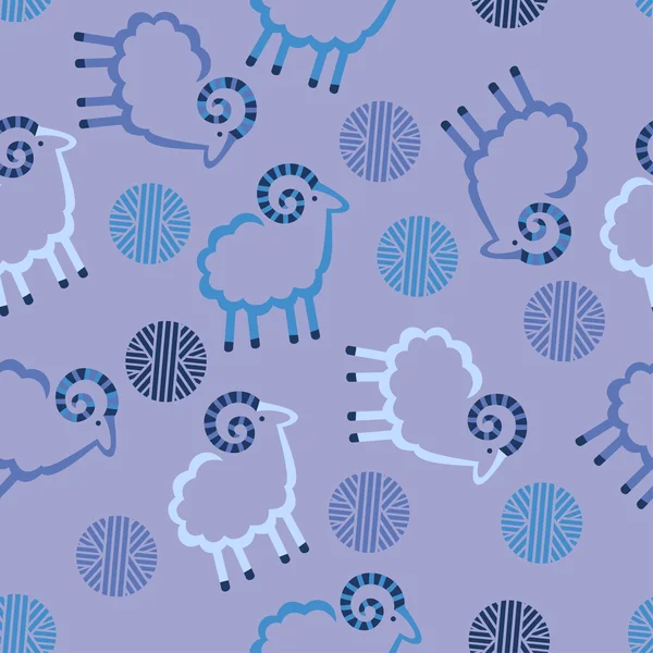 Sheep pattern blue decorative seamless with balls of yarn — Stock Vector