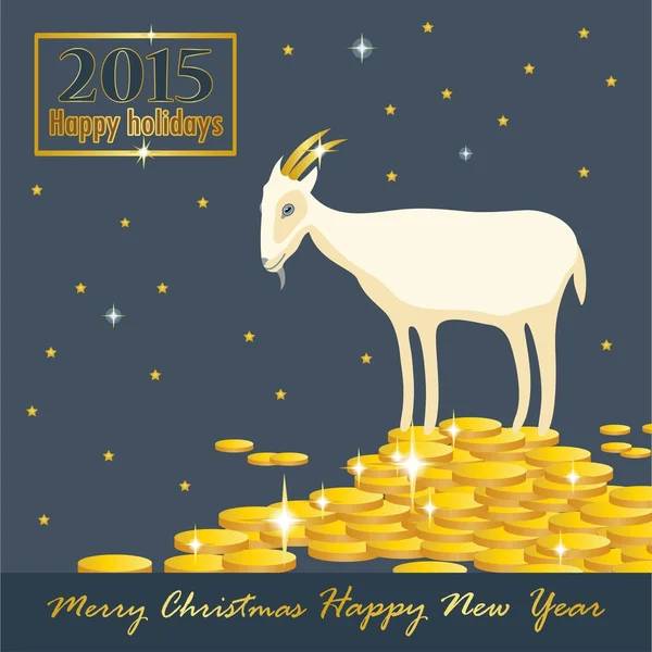 Goat on a mountain of coins with golden horns holiday card — Stock Vector