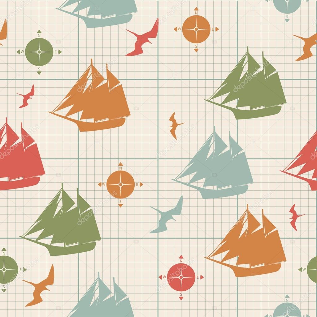 Pattern seamless ships compasses birds on graph paper decorative