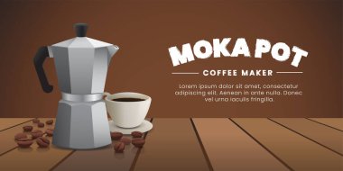 Moka kapları, kahve fincanı ve kahve çekirdekli kahve makinası, ahşap masa, vektör ilüstrasyonlu metin alanı reklamları.