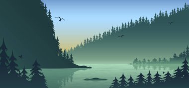 Siluet orman manzarası, eğimli düz tasarım, vektör illüstrasyon arka planı