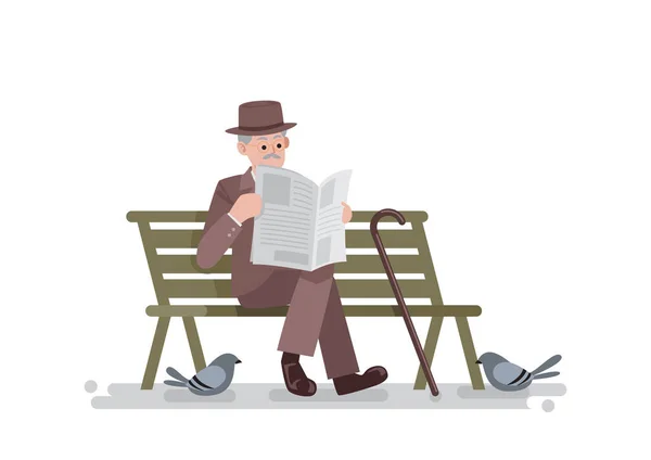 Homem Velho Terno Vintage Sentado Banco Com Jornal Leitura Ilustração —  Vetores de Stock