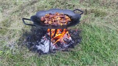 Barbekü tepsisi ateşte. Yangında kavrulmak. Haşlanmış et ve kızarmış patates