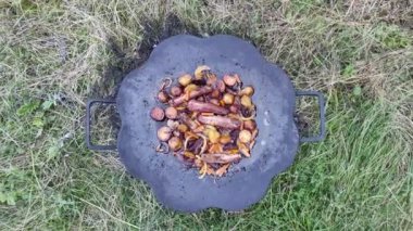 Et ve patates yuvarlak bir tavada pişirilir. Çevre. Vahşi doğa. Açık havada bulaşıklar