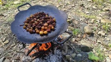 Barbekü tepsisi ateşte. Yangında kavrulmak. Haşlanmış et ve kızarmış patates