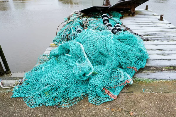Blue Fishing Net Pontoon Its Ropes Floats Covered Morning Frost — Stock Photo, Image