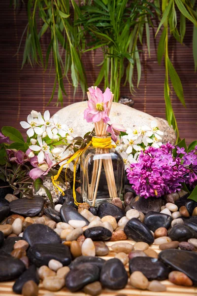 Aromatherapie Spa Schoonheidsbehandeling Wellness Achtergrond Met Massage Steen Bloemen Flacon — Stockfoto