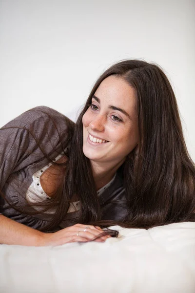 Portrait Young Sweet Natural Woman Makeup Long Brown Hair — Stock Photo, Image