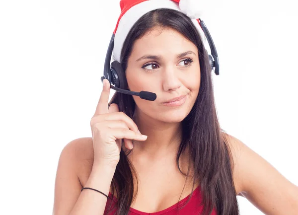 Christmas Headset Woman Telemarketing Call Center Wearing Red Santa Hat — Stock Photo, Image