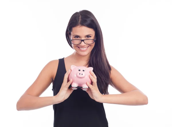 Jonge vrouw met spaarvarken bank — Stockfoto