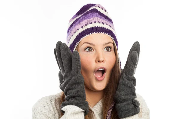 Ansikte med vacker kvinna med handskar — Stockfoto