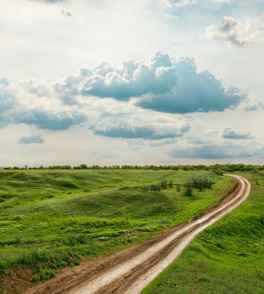 Estrada rural em Prado verde e céu dramático sobre isso — Fotografia de Stock