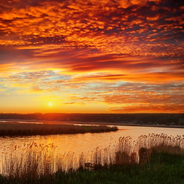 Rode dramatische zonsondergang over de rivier — Stockfoto