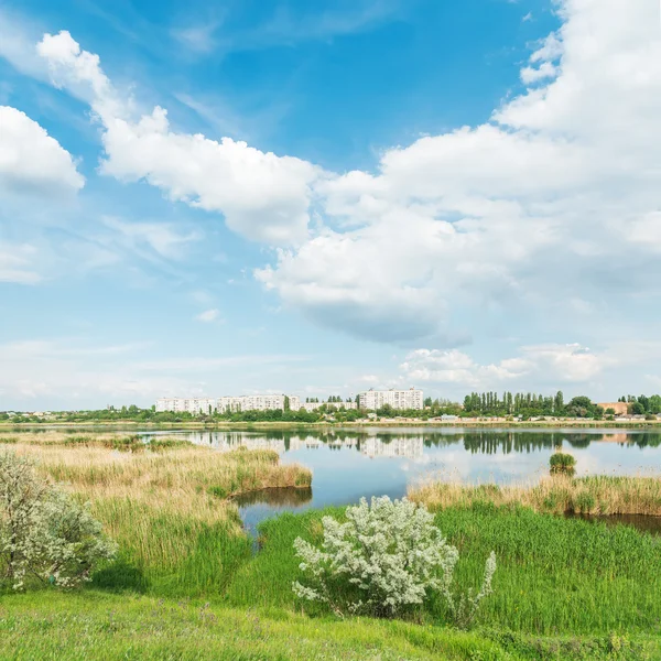 Summer landscape with river in green sides and clouds over it — Stock Photo, Image