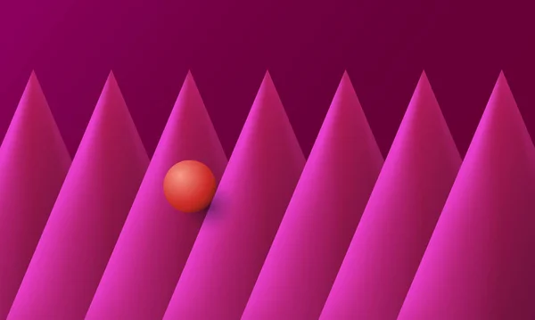 Тривимірність Помаранчевої Сфери Рухається Вниз Рожевими Конусами Абстрактний Геометричний Фон — стоковий вектор