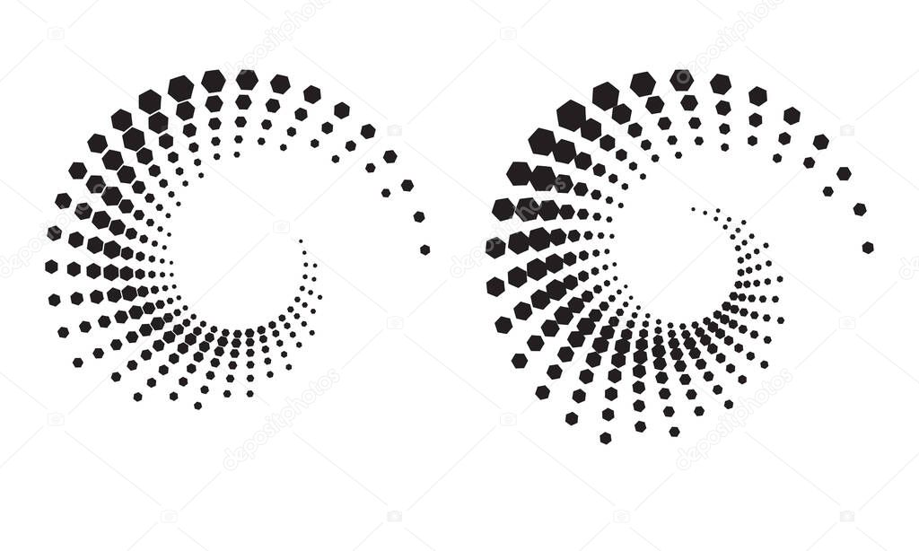 Halftone wave as icon or background. Black abstract vector with hexagons as logo or emblem. Circle border isolated on the white background for your design.