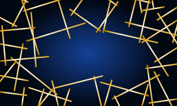 枠のような縞模様や混乱黄金の線を持つ抽象的な青の背景 — ストックベクタ