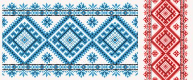 Eski el yapımı, çapraz dikişli Ukrayna deseni gibi güzel işlenmiş. Süslü Ukrayna havlusu, vektör olarak da Rushnyk. Beyaz arkaplan üzerinde mavi ve kırmızı sürüm.