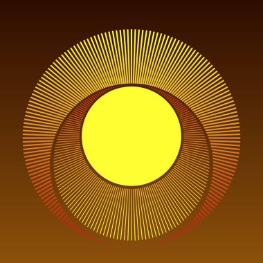 Sarı ve turuncu daireli soyut güneş arkaplanı. Logo veya simge olarak yarıton radyal çizgileri.