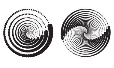 Spiral içinde soyut noktalar. Beyaz arkaplanda izole edilmiş siyah halkalar.