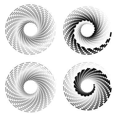 Soyut noktalı vektör arkaplanı. Yarı ton etkisi. Arka plan veya simge olarak dikdörtgenler ile spiral. Farklı renk ve boyutlarda..