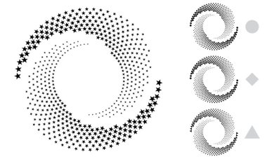 İkon ya da arkaplan olarak yarım ton. Logo veya amblem olarak siyah soyut vektör çemberi çerçevesi, noktalar, eşkenar dörtgenler, üçgenler ve yıldızlar. Tasarımınız için beyaz arkaplanda çember sınırı izole edildi.