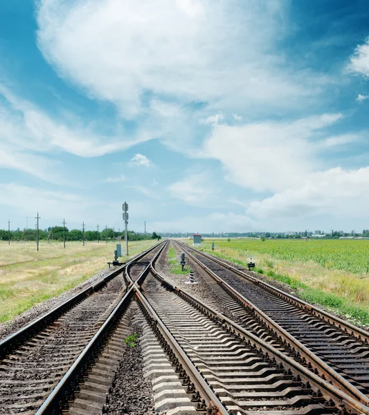 Пересечение железной дороги к горизонту под облачным небом — стоковое фото