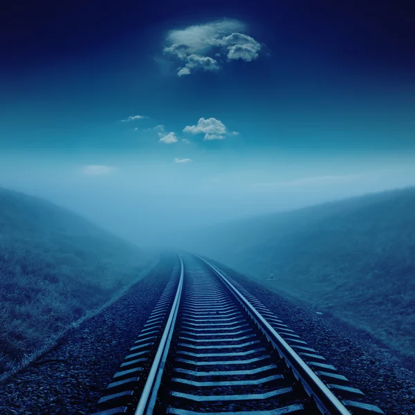 Demiryolu gece mavi ay ışığı altında.