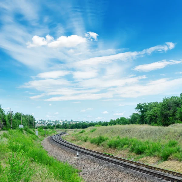 Spoorweg groene horizon en wolken in blauwe hemel overheen — Stockfoto