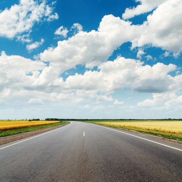 Estrada de asfalto para o horizonte e o céu nublado — Fotografia de Stock