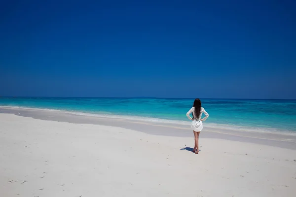 楽しみ。白いサと一緒に爆発的なビーチを歩く美しい女性 — ストック写真