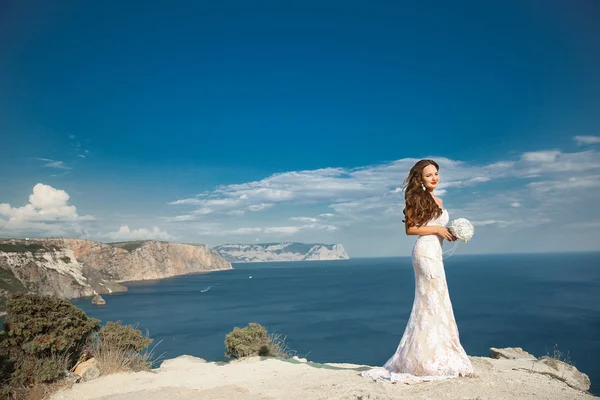 웨딩 드레스 야외 사진에서 아름다운 신부. 풍경 백 — 스톡 사진