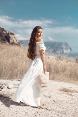 Beyaz elbiseli, el çantalı, saman tarlasında eğlenen güzel bir genç kadın portresi. Doğal güzellikte bir kadın. Romantik gelin hayatı hissediyor. 